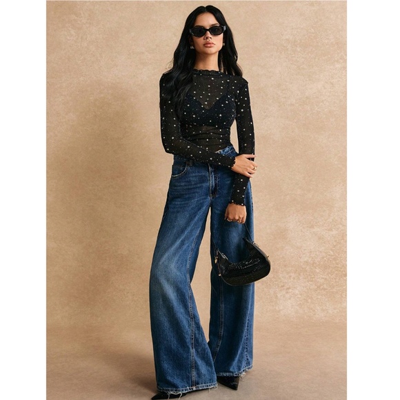 Mesh Black Sheer Long Sleeve Top Gold Stars Lettuce Trim - Picture 4 of 9